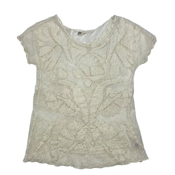Anthropologie Lilka Mesh Appliqued Tunic Top S Cream Coverup Cap Sleeve Bohemian - Picture 11 of 11